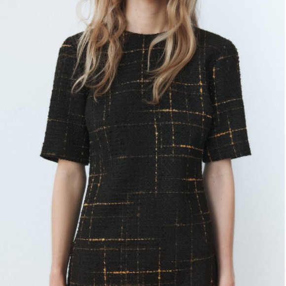 Zara Dresses & Skirts - ZARA Short Textured Dress - Black and Gold Tweed - Size L